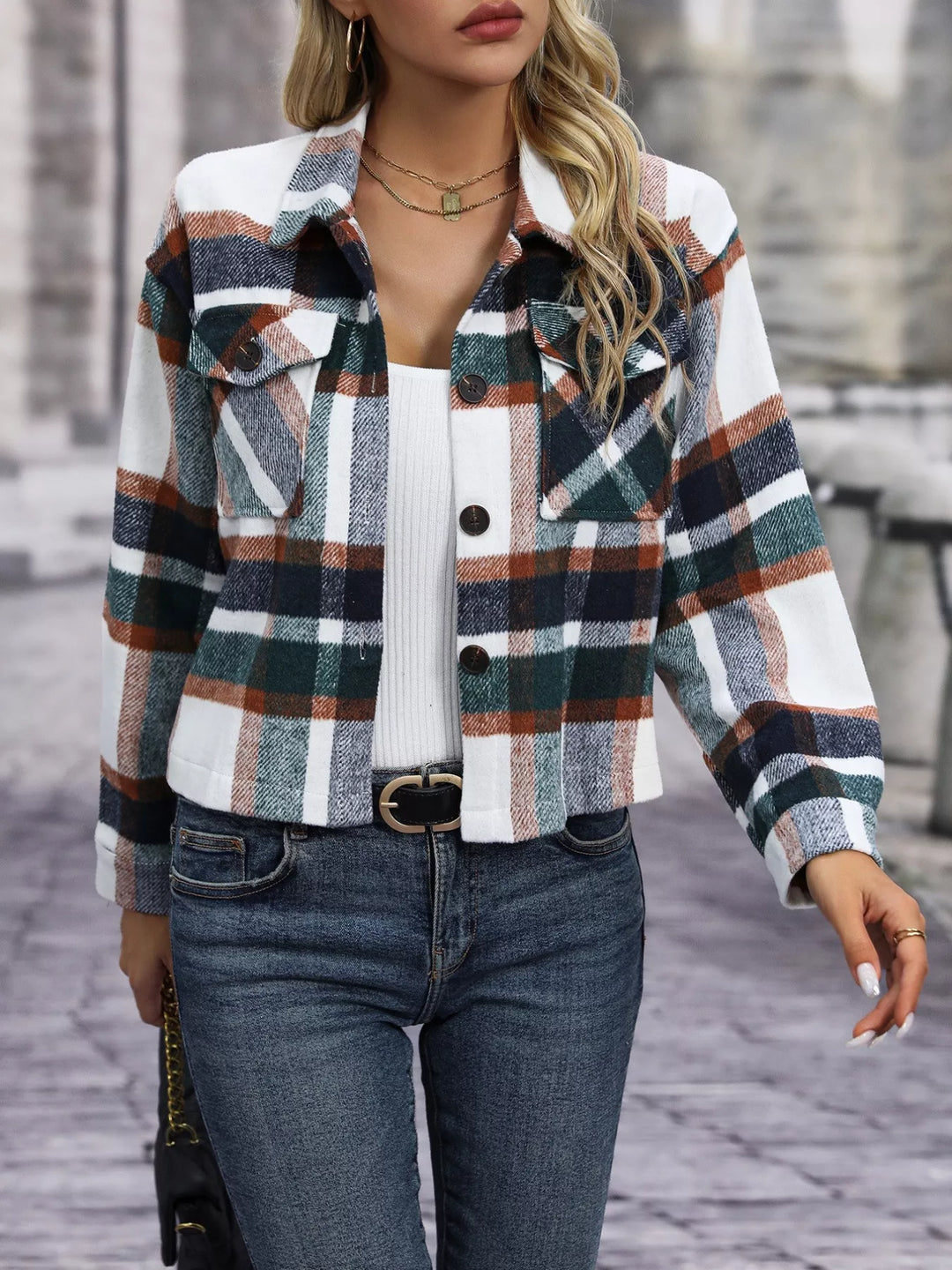 Plaid Oversized Button-Up Cropped Jacket – Office-ready smart casual with tailored pants