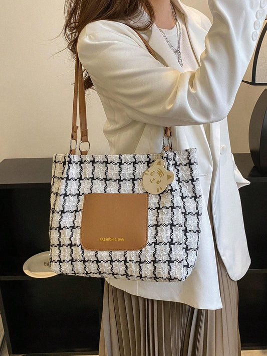 Plaid Shoulder Bag – Flat lay with daily essentials