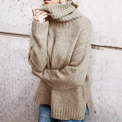 Plus-size solid khaki turtleneck sweater: long sleeve autumn essential in soft, durable polyester.