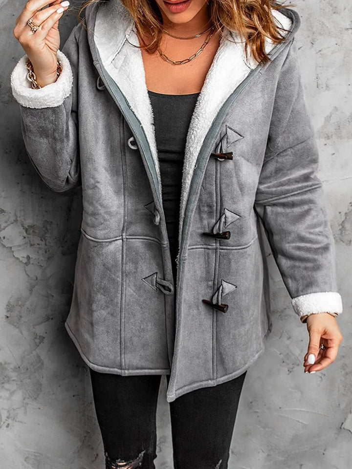 Plus Size Sherpa Lined Toggle Coat – Side profile in motion