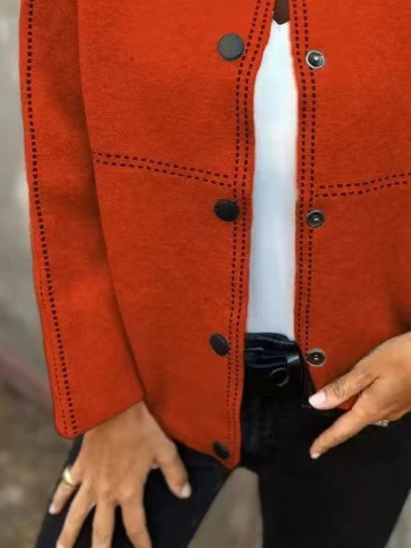 Plus size button up cardigan – close-up of contrast stitching and button details, premium knit texture