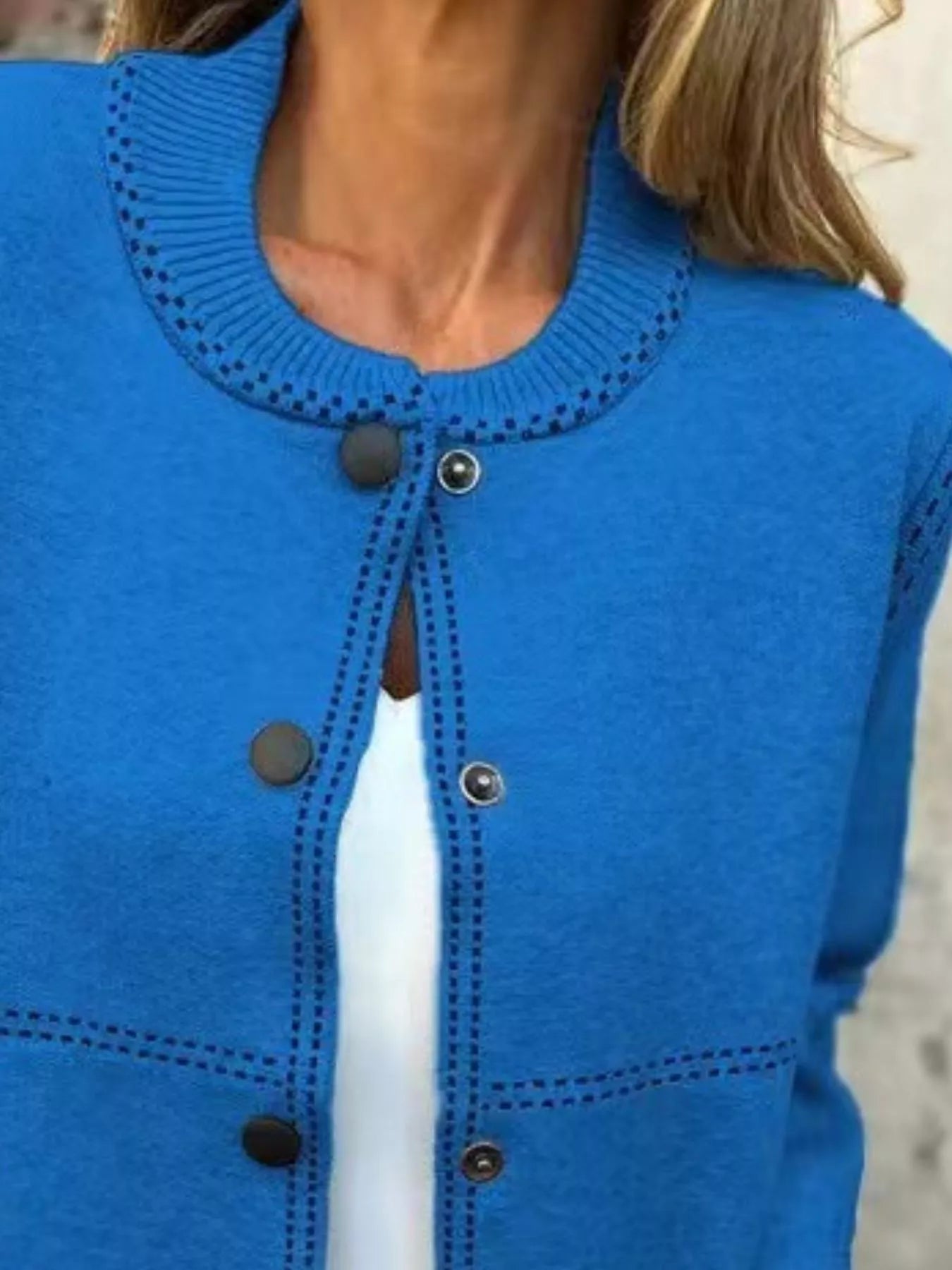 Plus size button up cardigan – front view buttoned and open, versatile layering piece for travel days