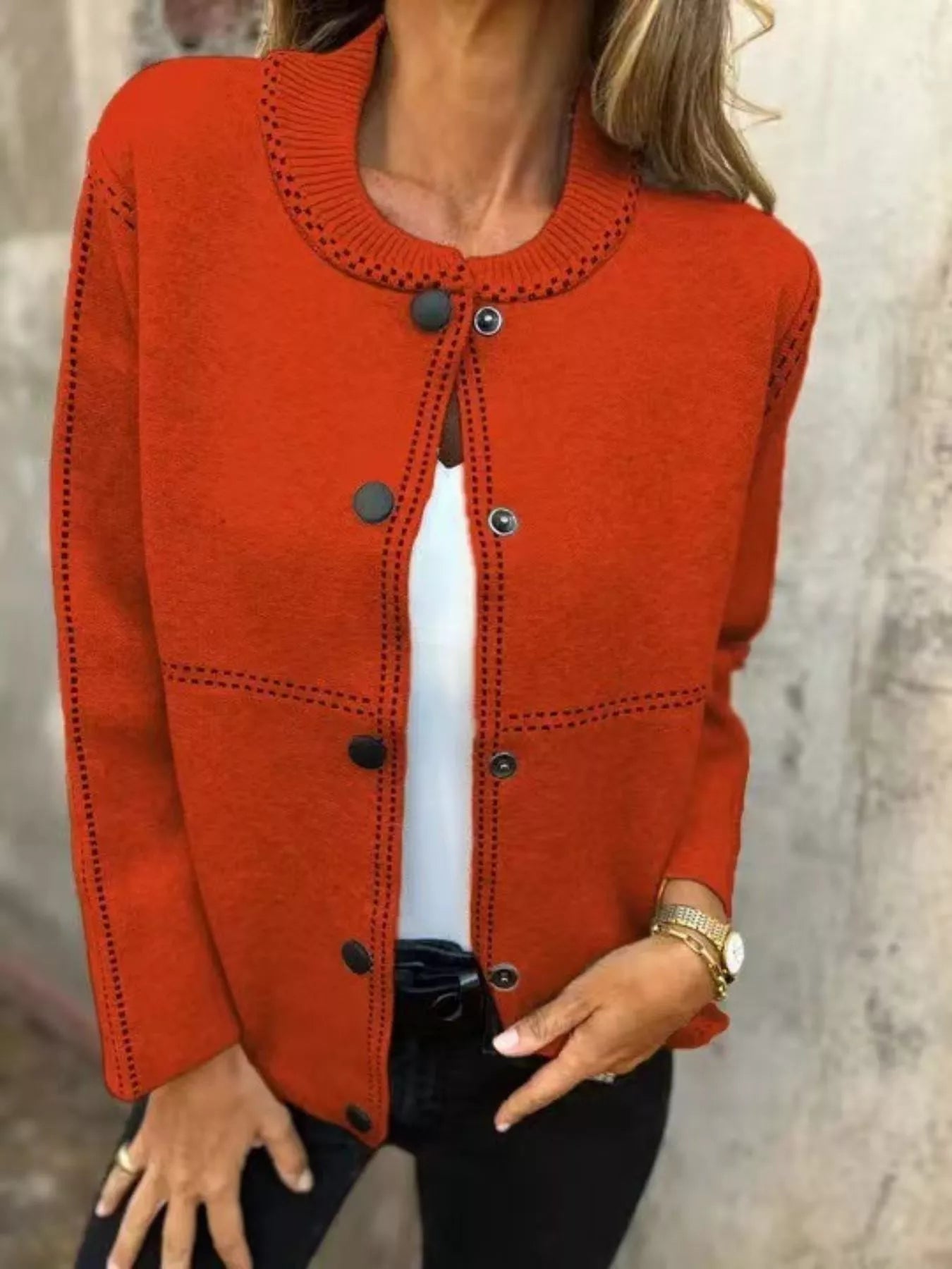 Plus size button up cardigan – magenta statement layer with contrast seams, breathable and machine washable