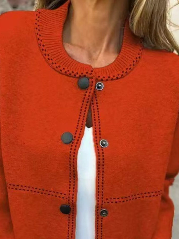 Plus size button up cardigan – trio lookbook in cream, blue, magenta; modern round neck and black buttons