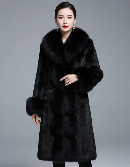 Plush black fleece coat for women with full-length coverage and long sleeves
