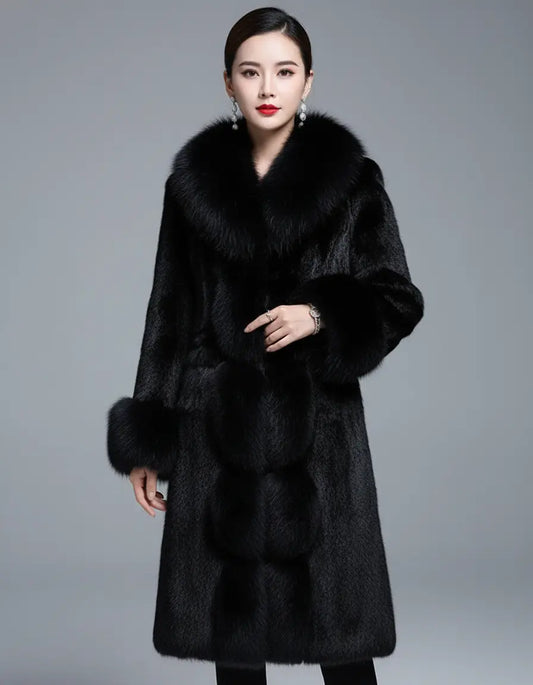 Plush black fleece coat for women with full-length coverage and long sleeves
