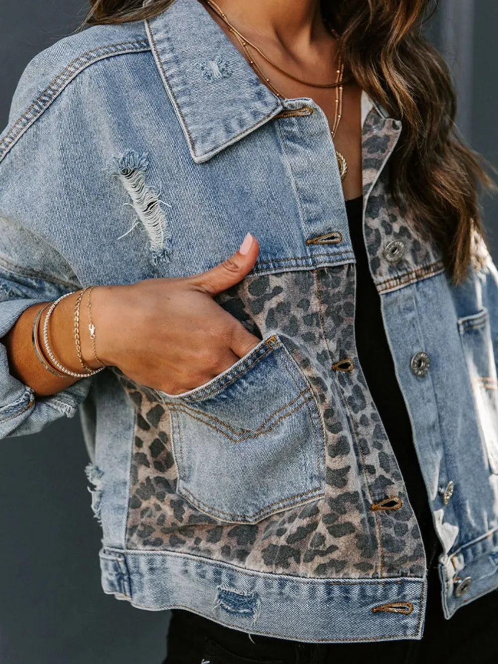 Pocketed Denim Jacket with Leopard Print

