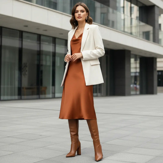 "Pointed toe chunky heel boots front view on model in studio lighting"
