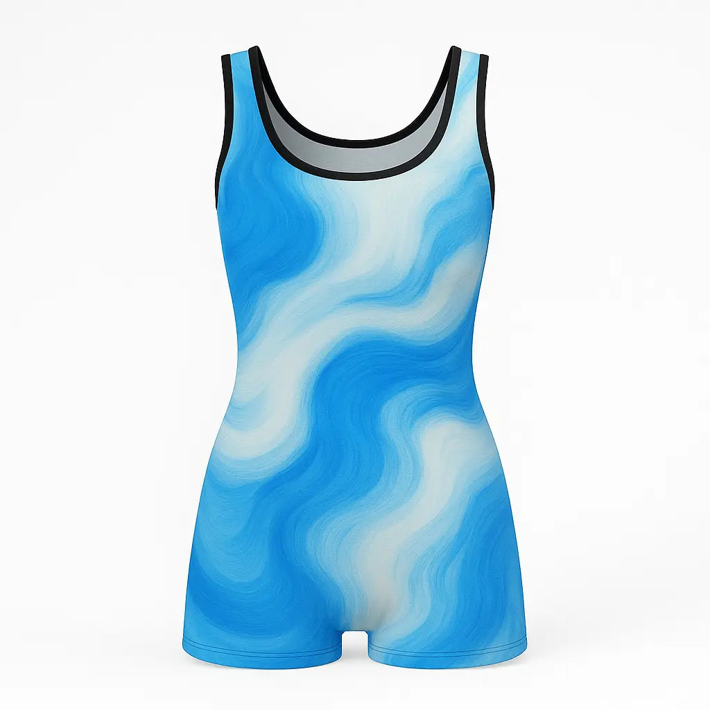 Pool-ready women’s swimsuit in a bold blue wave pattern

