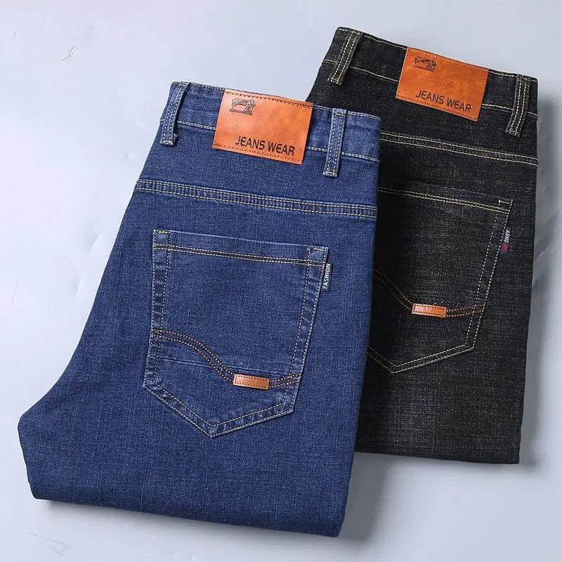 Premium Men's Straight Jeans on Hanger – Full Length, Mid-Rise Waist, and Pocket Accents