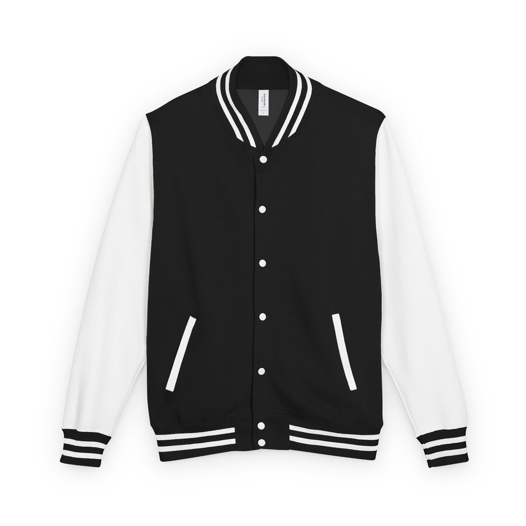 Premium unisex varsity jacket made in the USA, worn by a model in a relaxed autumn streetwear setting

