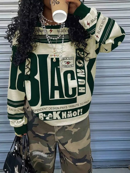 Printed Drop Shoulder Long Sleeve Women’s T-Shirt – Relaxed Drop Shoulder Fit