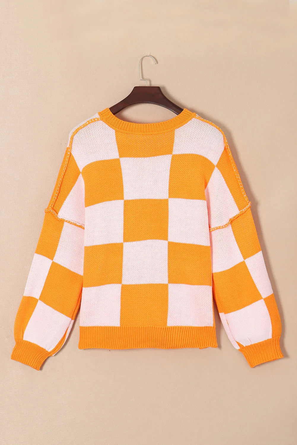 Pumpkin Checkered Sweater Outfit – Casual Fall Street Style