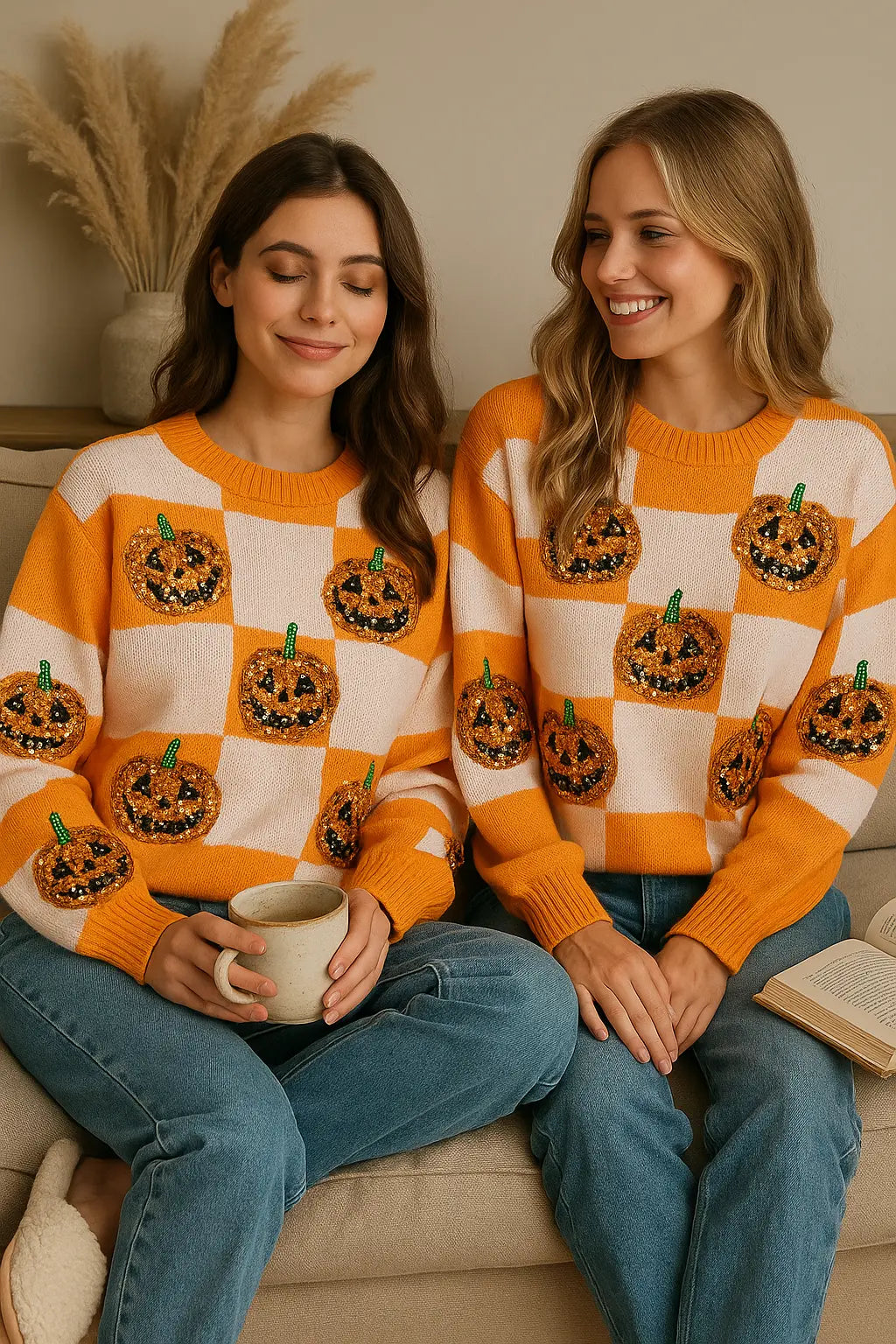 Pumpkin Checkered Sweater with sequins, round neck, and cozy knit design, perfect for autumn outings and casual layering.