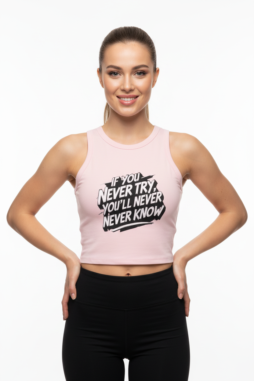 Side angle of motivational tank top styled with leggings in a bright studio