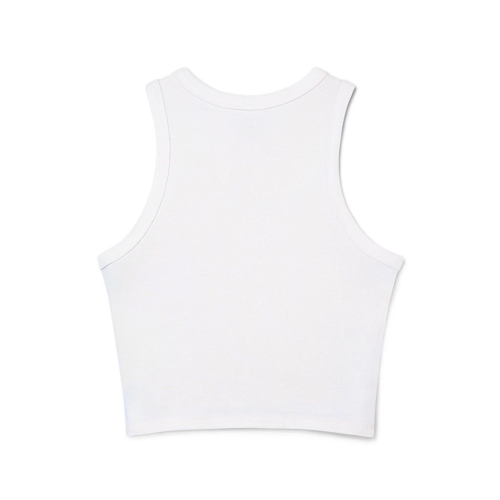Racer tank top flat lay with dumbbells and sneakers

