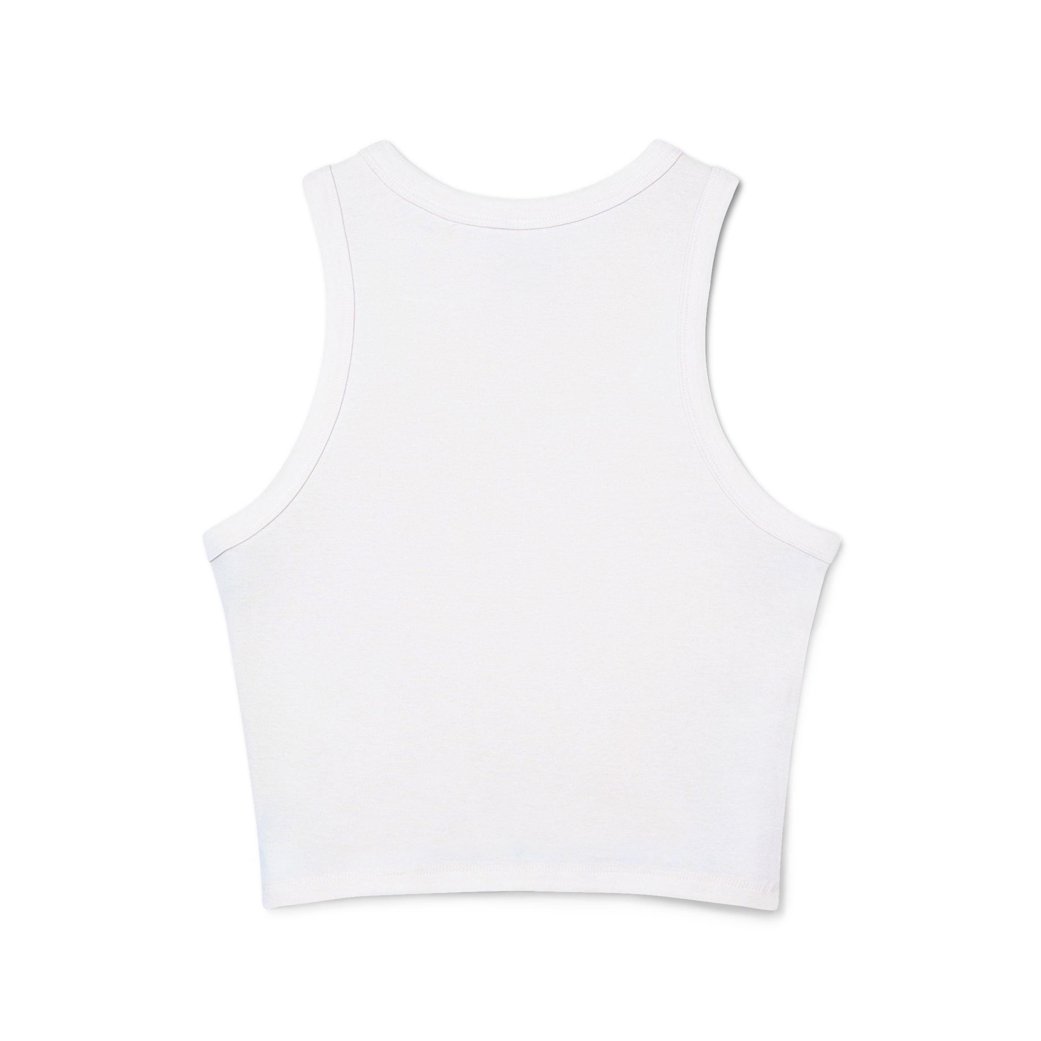 Racer tank top flat lay with dumbbells and sneakers


