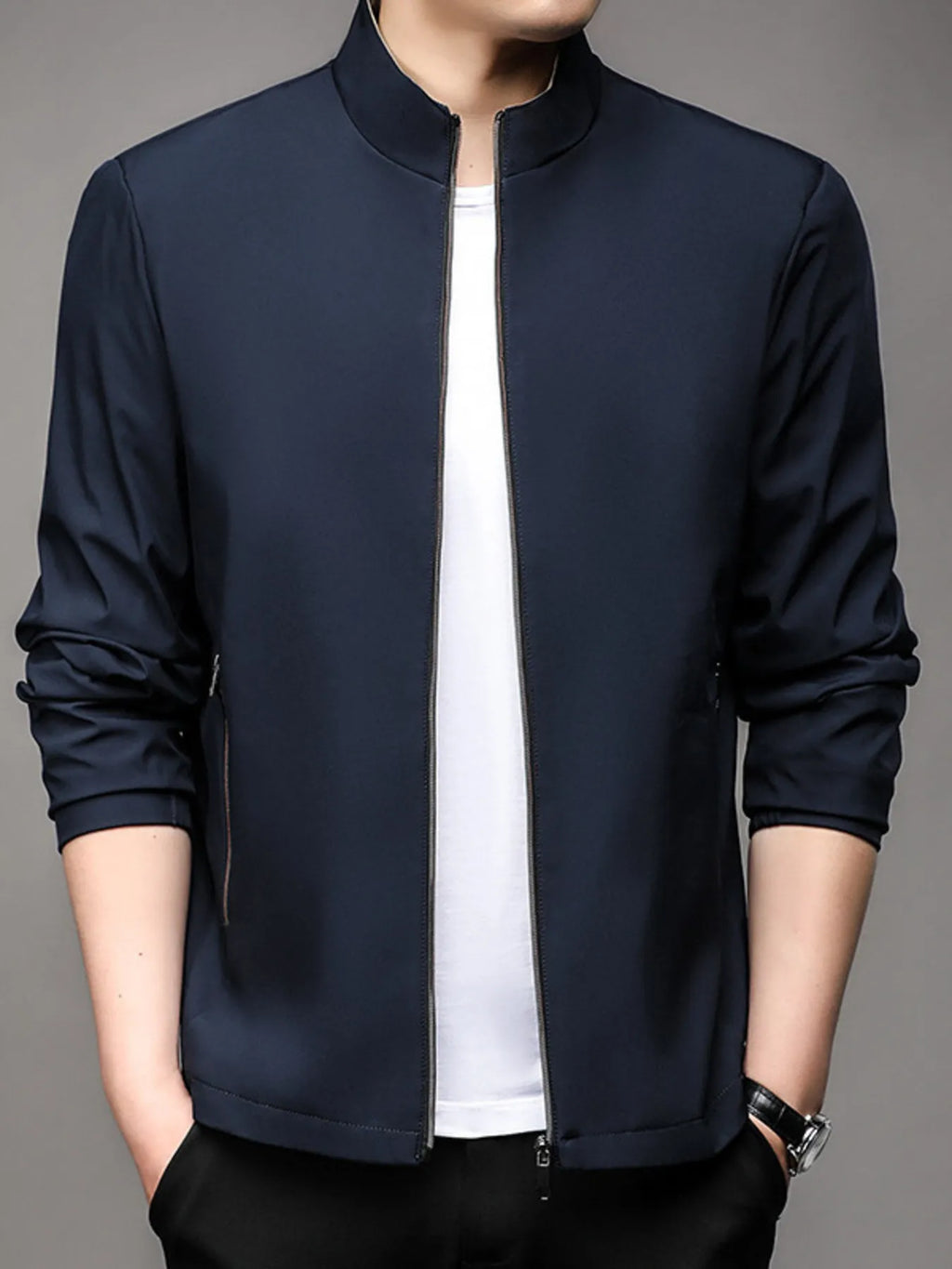 Rain-Resistant Polyester Zipper Jacket on a Misty Trail

