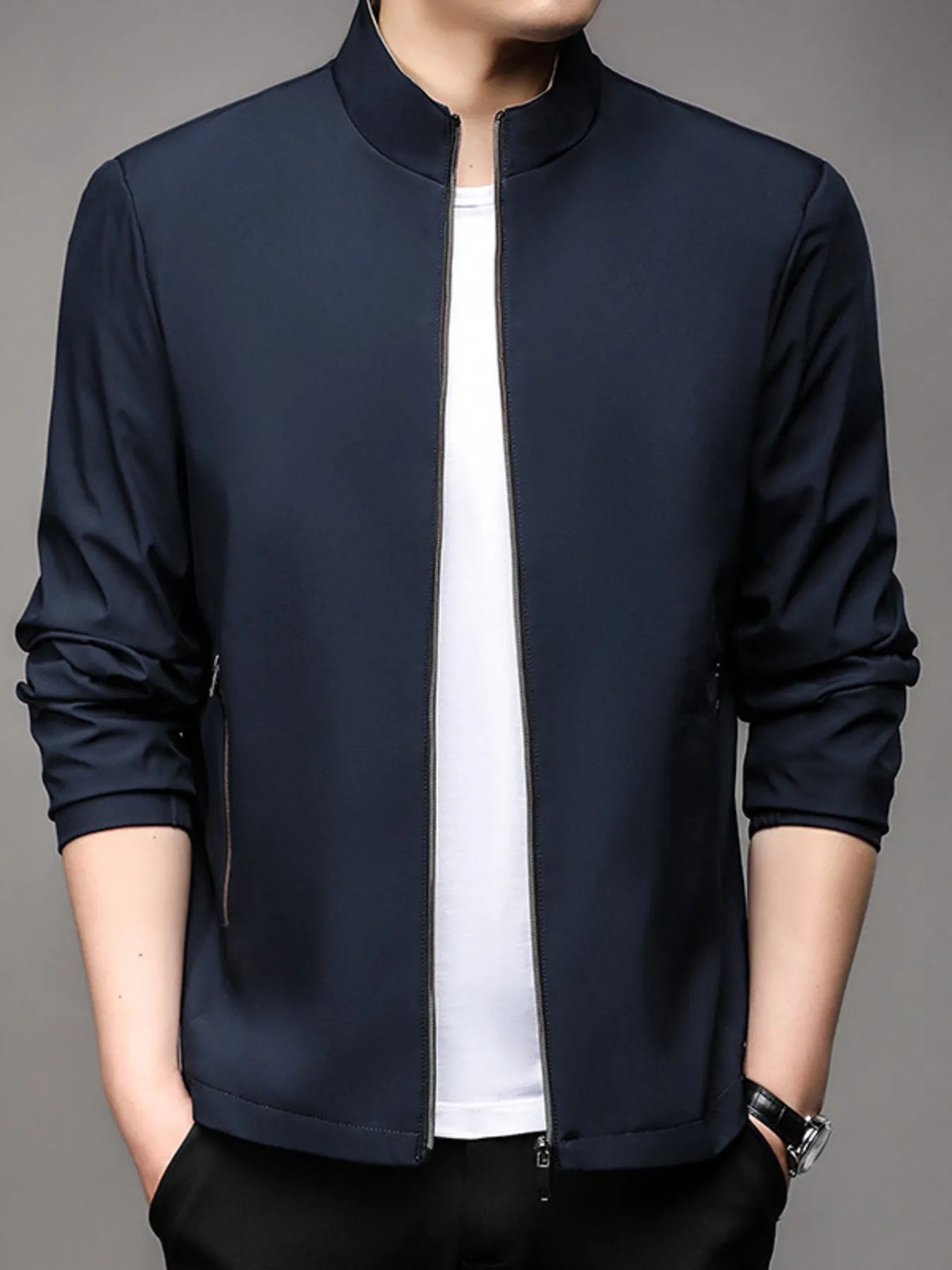 Rain-Resistant Polyester Zipper Jacket on a Misty Trail

