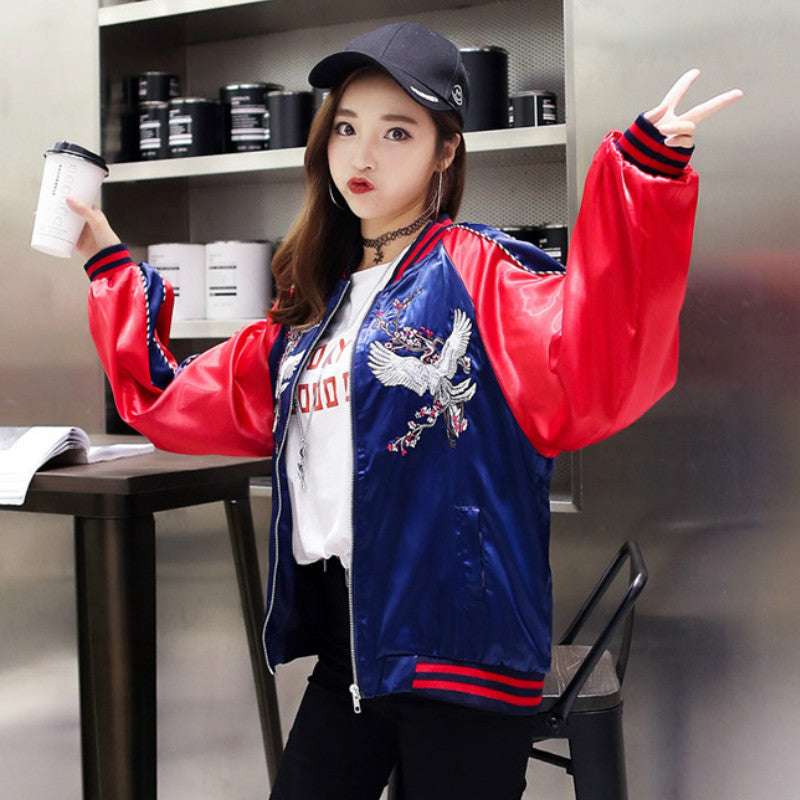 Men's blue crane baseball coat with urban streetwear look

