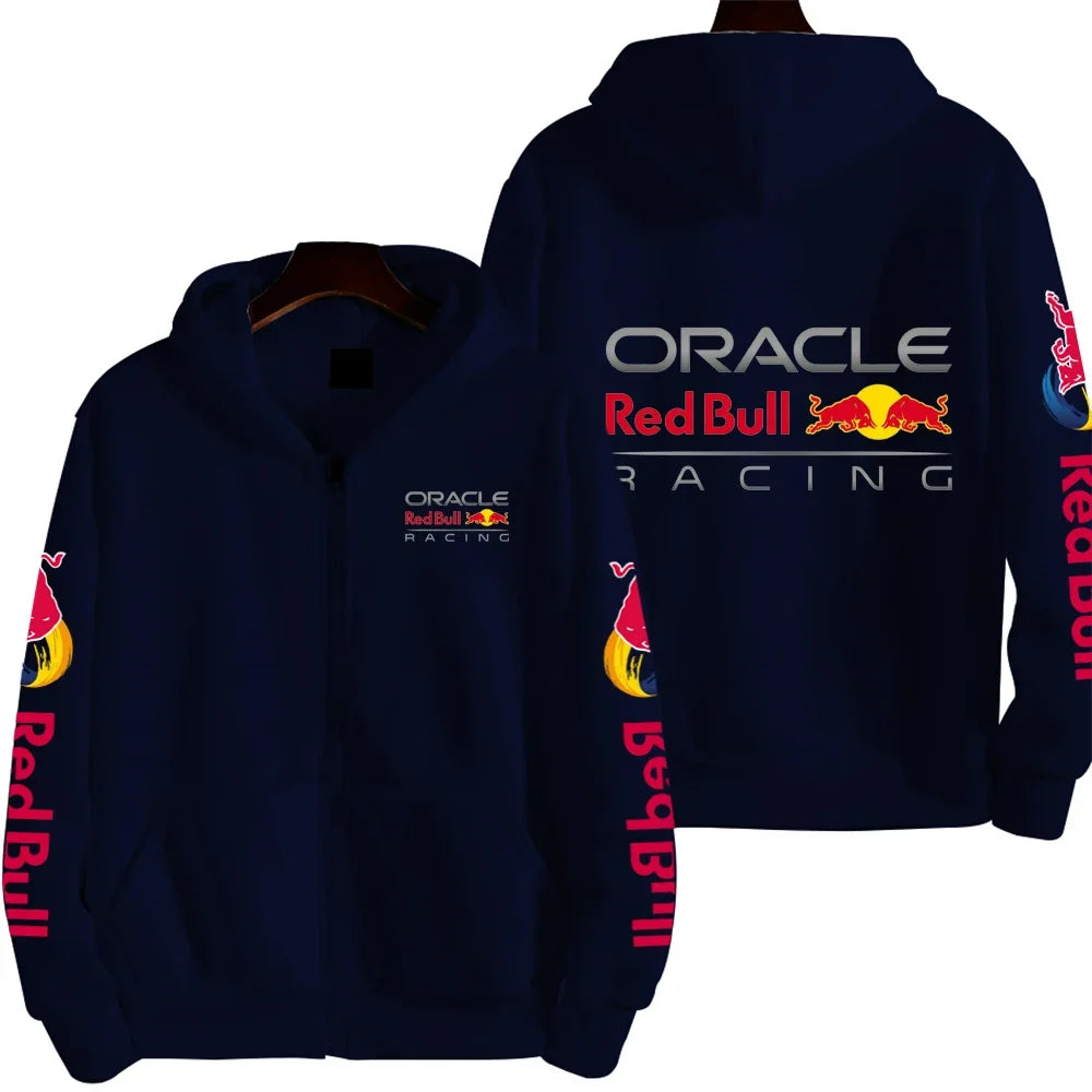 "Red Bull branded hoodie showing official logo placement and YKK zipper detail closeup 2025"
