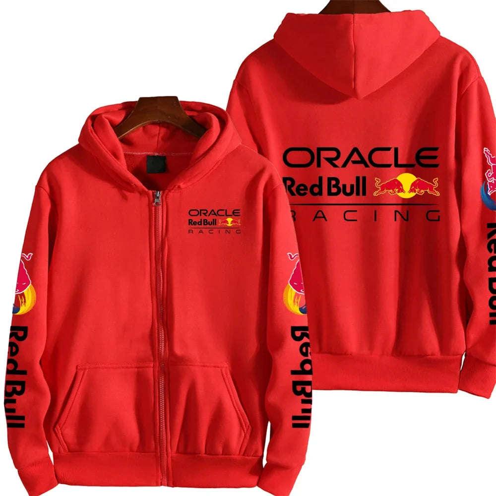 "Red Bull zipper hoodie lifestyle shot at racing track, authentic motorsports apparel context"
