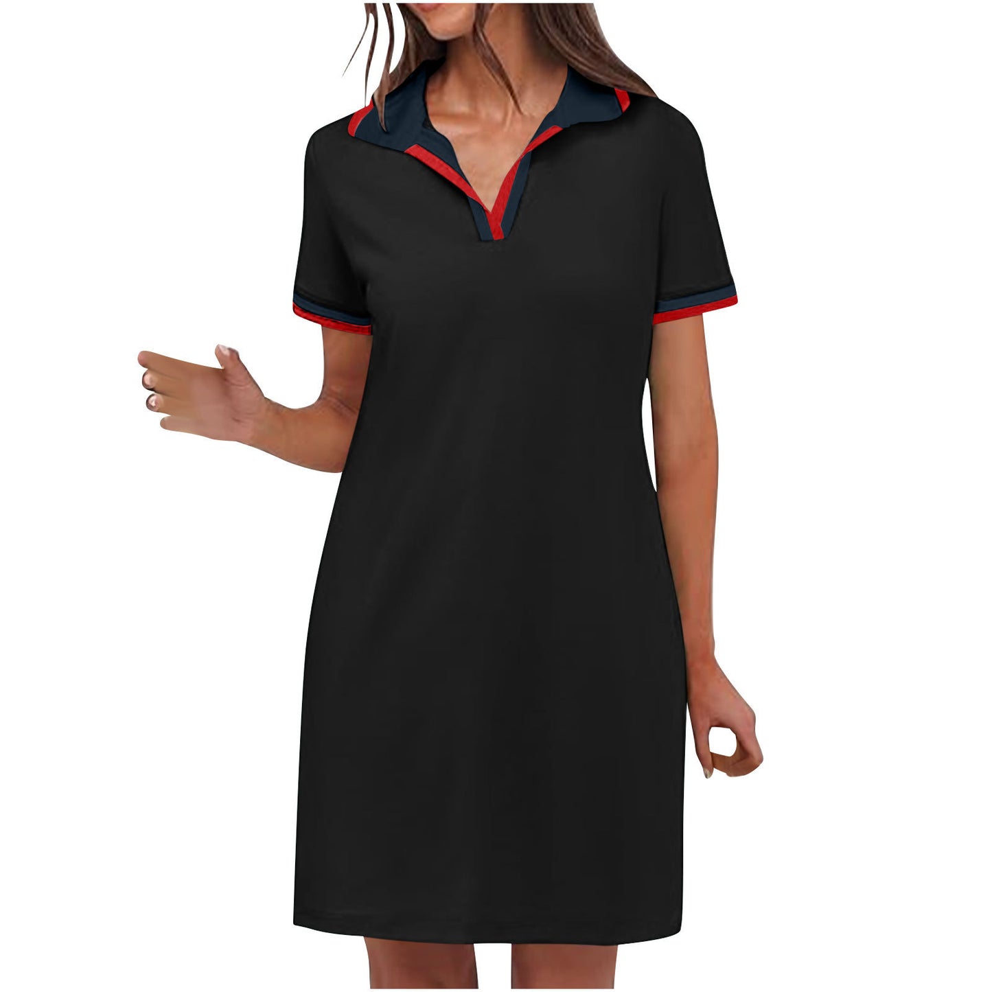 Red Short Sleeve V-Neck Casual Dress Women – Bold Spliced Design for Confidence