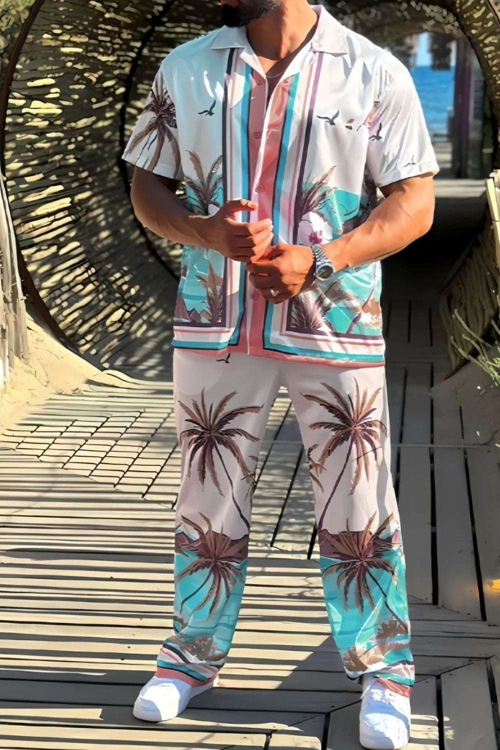Men's plus size printed short sleeve top and pants set for casual wear

