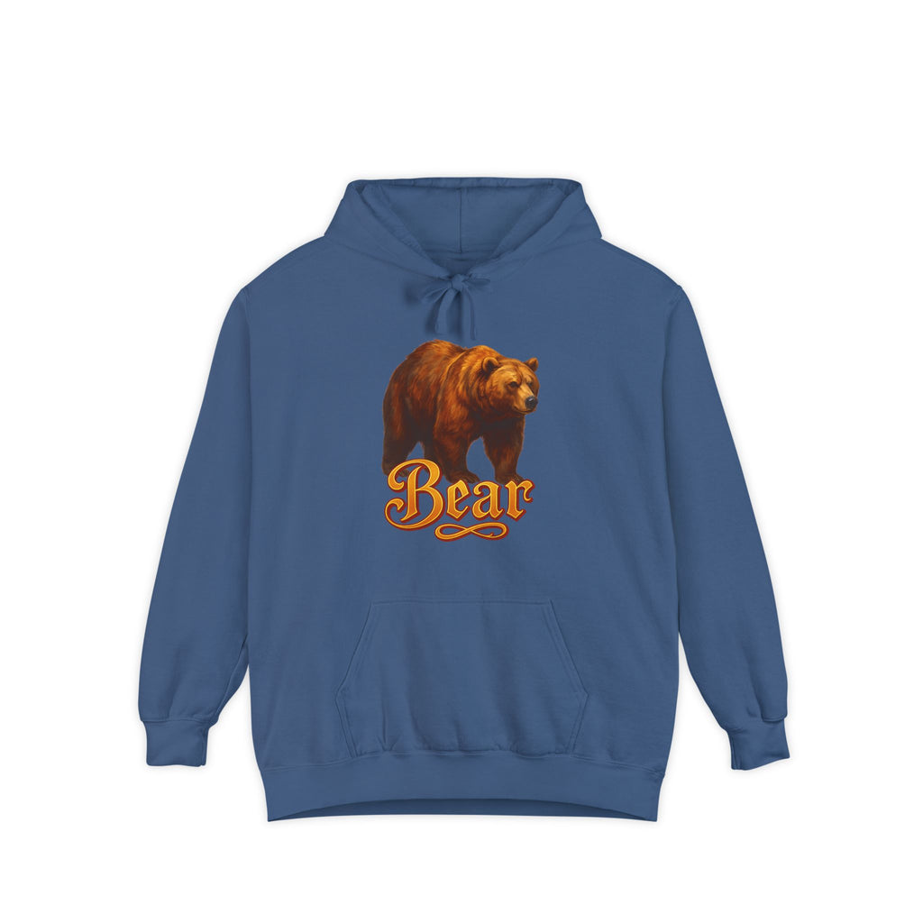 Relaxed-fit Bear Graphic Hoodie on man, Unisex Sweatshirt perfect for outdoor adventures

