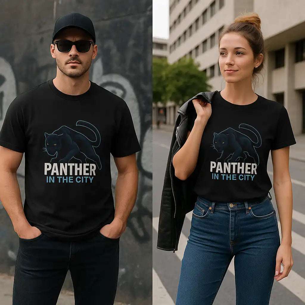 Panther in the City T-shirt shown folded with care instructions tag

