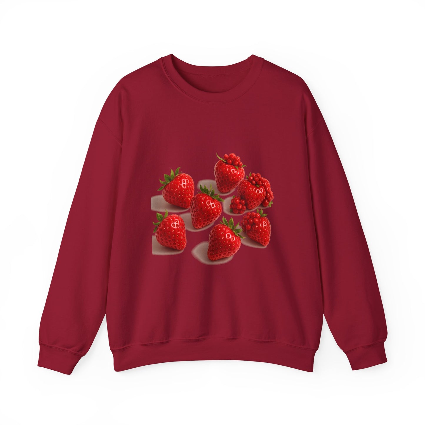 Relaxed fit strawberry print sweatshirts on models – perfect for chilly days

