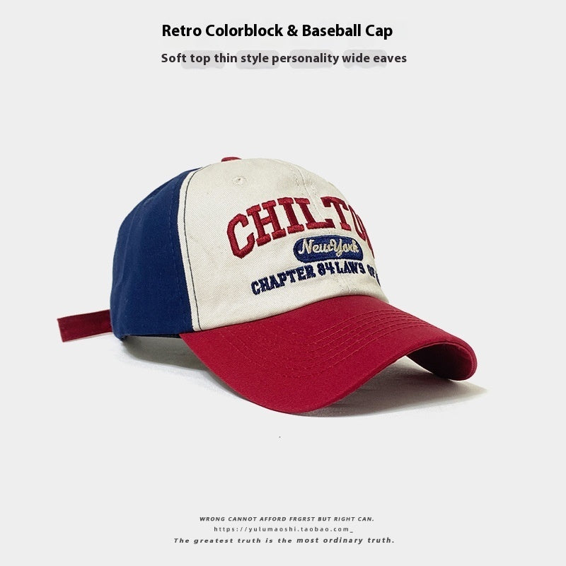 Retro Color Matching Baseball Cap – Navy & Wine color-block, breathable, sun-safe, adjustable 55–59cm