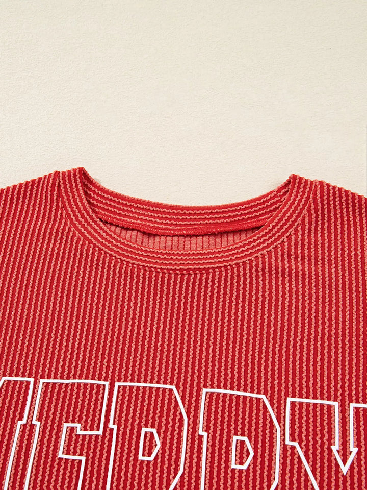 Ribbed Christmas top neckline detail – clean finish