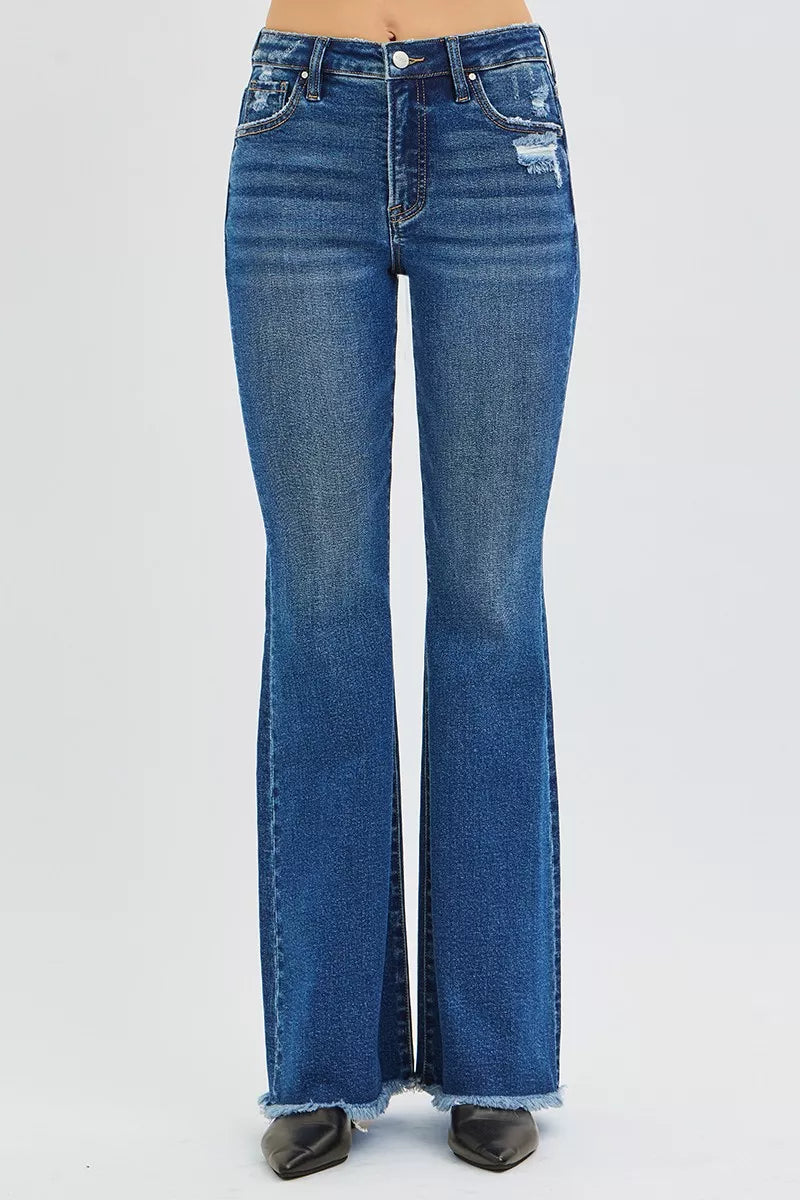 Risen high rise flare jeans with platform boots – 70s vibe