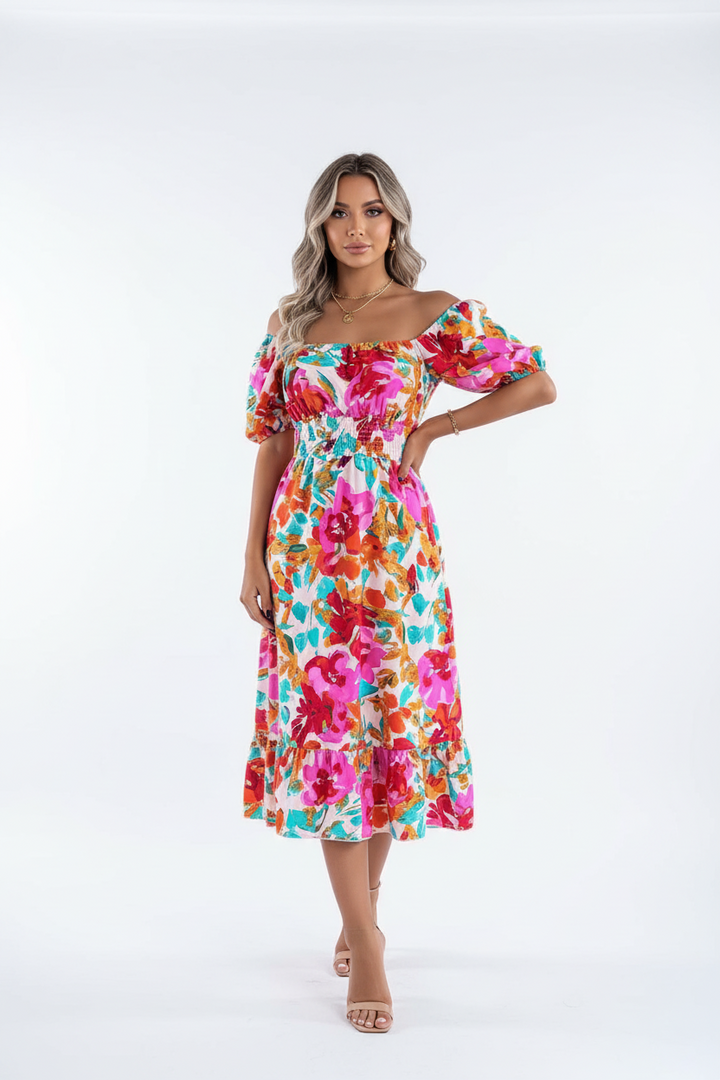 Smocked Floral Midi Dress Short Sleeve Elegance Style!