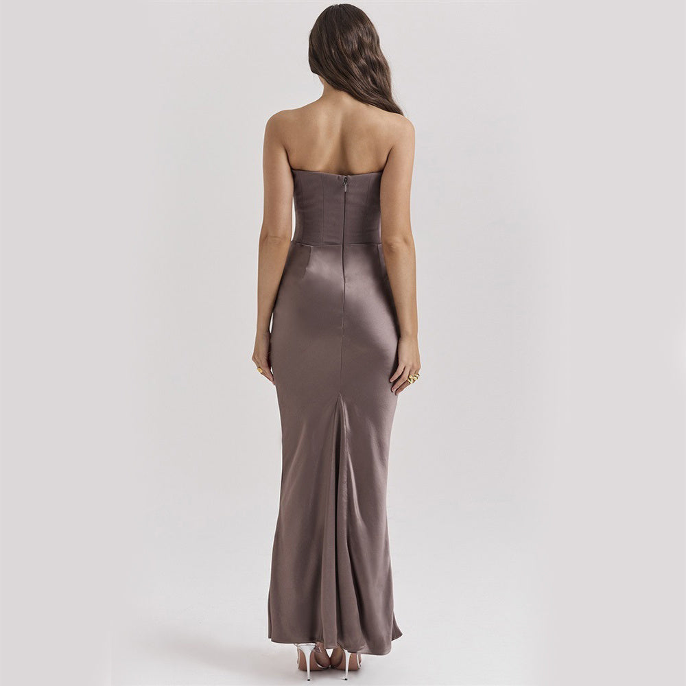 “Rose Pink Slim Tube Top Long Dress – Romantic and Sexy Evening Attire”

