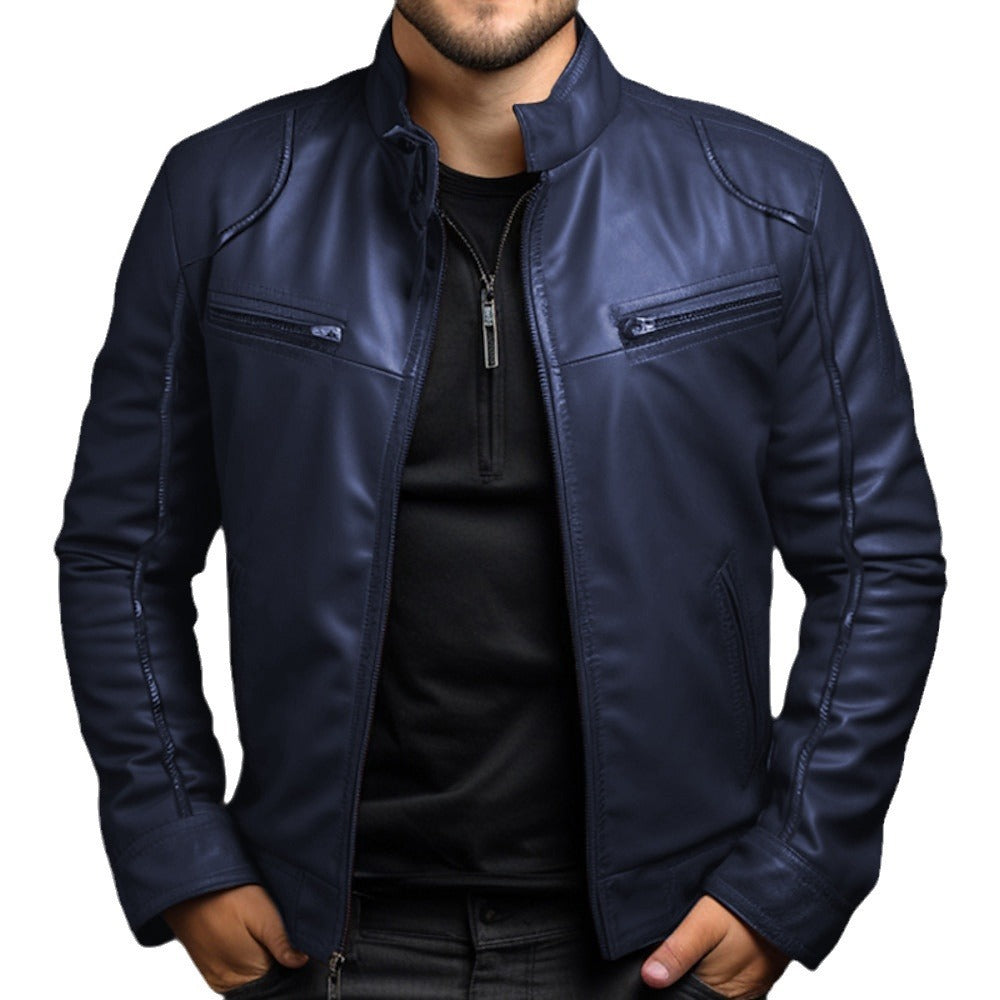 Royal blue men’s motorcycle leather jacket – stand collar detail
