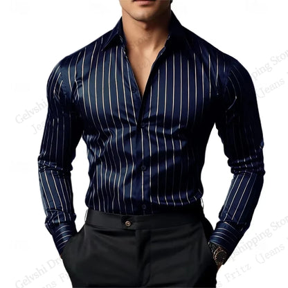 close up pearl buttons luxury satin striped shirt men