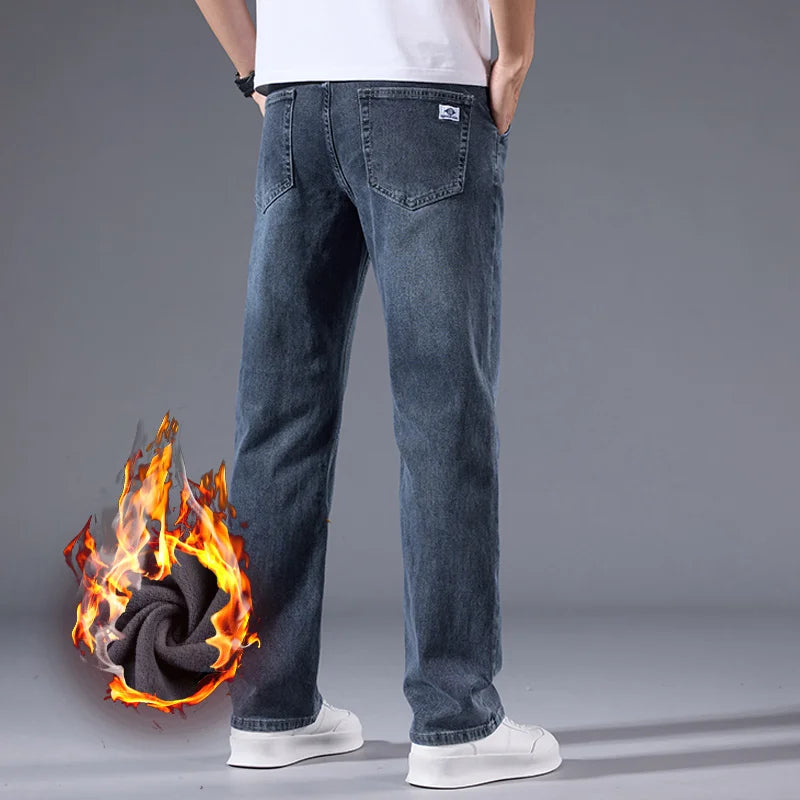 Men's fleece lined jeans solid pattern cotton blend denim lined with fleece for everyday warmth and neat look
