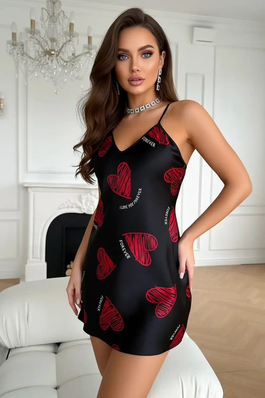Valentine nightdress red lip print satin slip, sleeveless V-neck mini sleepwear dress, smooth satin night wear vibe
