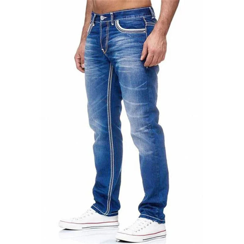 men's straight leg jeans black wash denim pants loose fit with contrast seams and classic pockets for street style
