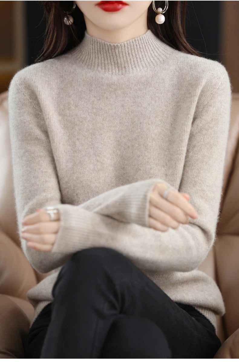 Half high collar women sweater basic knitwear pullover in rose tone, half high collar detail for polished casual

