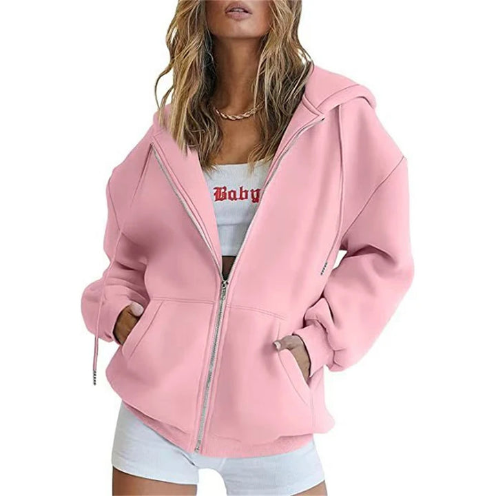 Pink long sleeve full zip hoodie shown on a model, with original details, preserved as a reference from the supplier gallery.