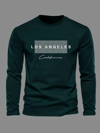 men's Los Angeles long sleeve tee front close-up showing crisp letter print and smooth knit, casual sports top for weekends
