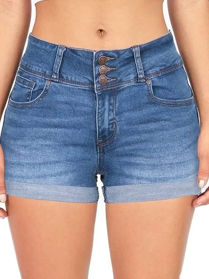 women's high waisted denim shorts full outfit pairing with tee stretch fit for all-day comfort