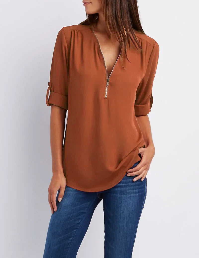 Women’s Deep V Neck Chiffon Blouse – Loose Longline