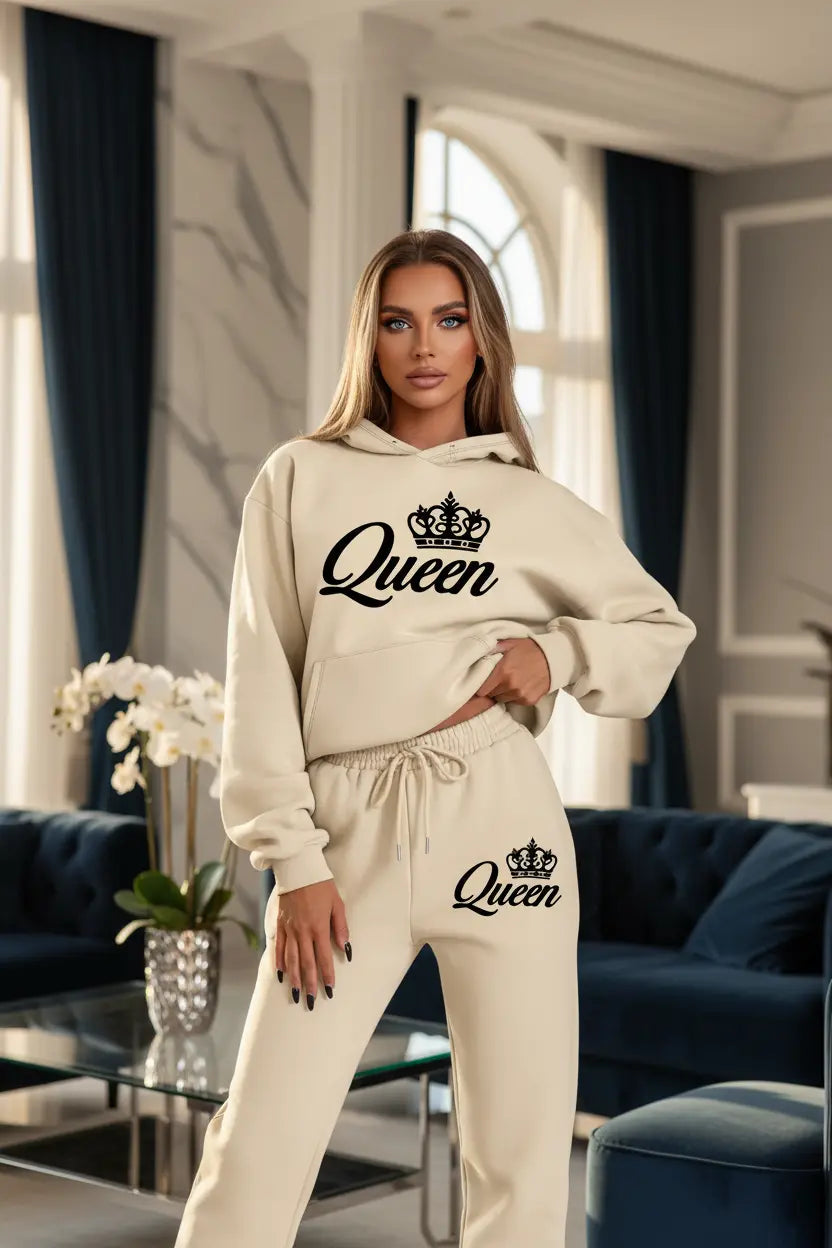 women's 2 piece sweatsuit light beige sweatshirt and drawstring pants set with Queen logo for casual hip-hop style

