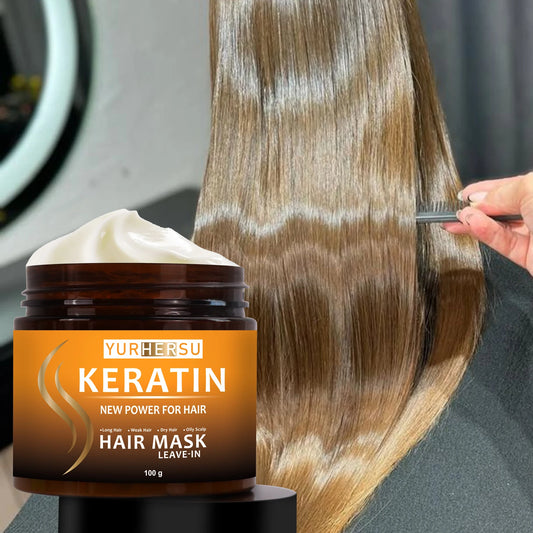 hair mask no rinse keratin repair texture swatch on clean surface showing lightweight non-drip finish for damaged hair care
