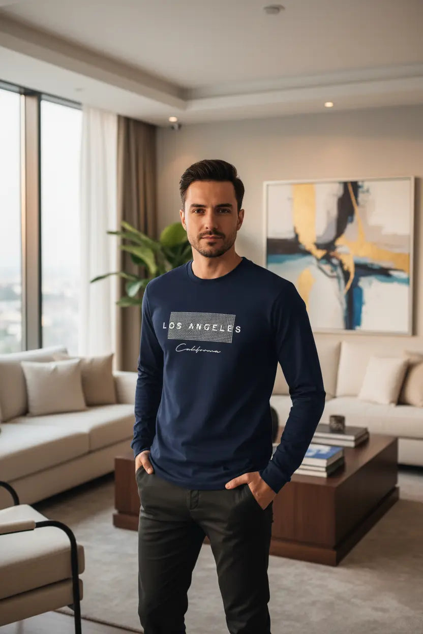 men's Los Angeles long sleeve tee on model with relaxed shoulders and crew neck, breathable cotton top for daily street style
