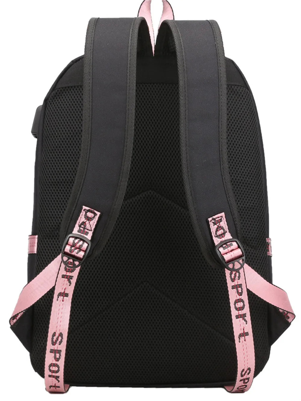 Back of black school backpack, showing two shoulder straps, mesh panels, pink adjustment webbing and top handle in the photo.